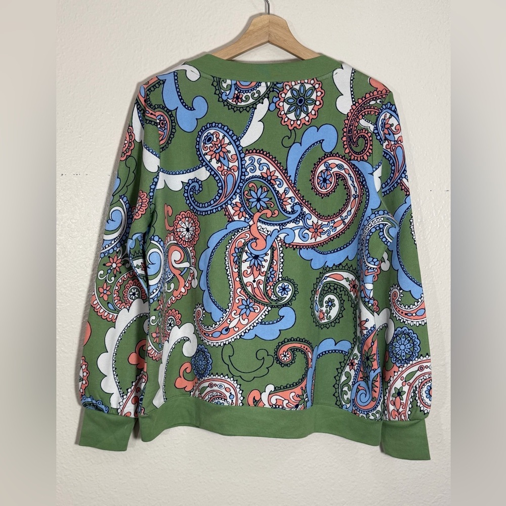 Talbots Paisley Crewneck Cotton Blend Sweatshirt Green Vibrant Sweater Medium - Picture 3 of 7